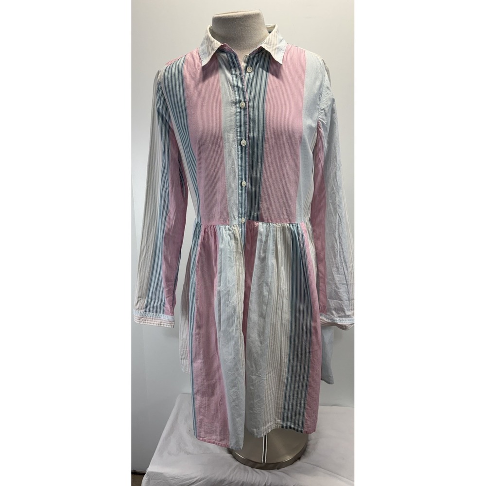 J. Crew Contrast Striped Shirt Dress Women's 12 Fit And Flare Pockets Preppy